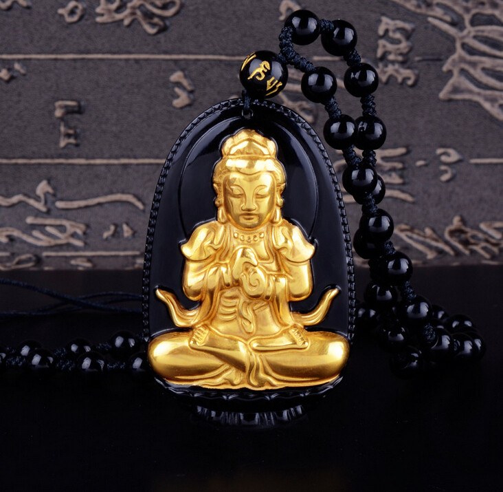 18K Gold Plated Carved Buddha on Black Obsidian Stone With Beads Necklace. 36