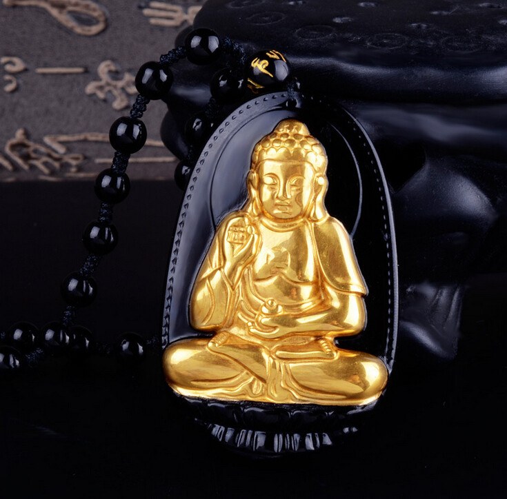 18K Gold Plated Carved Buddha on Black Obsidian Stone With Beads Necklace. 36" Long. 4 Options. - Hilltop Apparel - 2