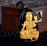18K Gold Plated Carved Buddha on Black Obsidian Stone With Beads Necklace. 36" Long. 4 Options. - Hilltop Apparel - 3