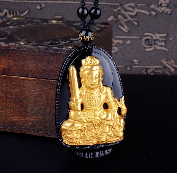 18K Gold Plated Carved Buddha on Black Obsidian Stone With Beads Necklace. 36" Long. 4 Options. - Hilltop Apparel - 4