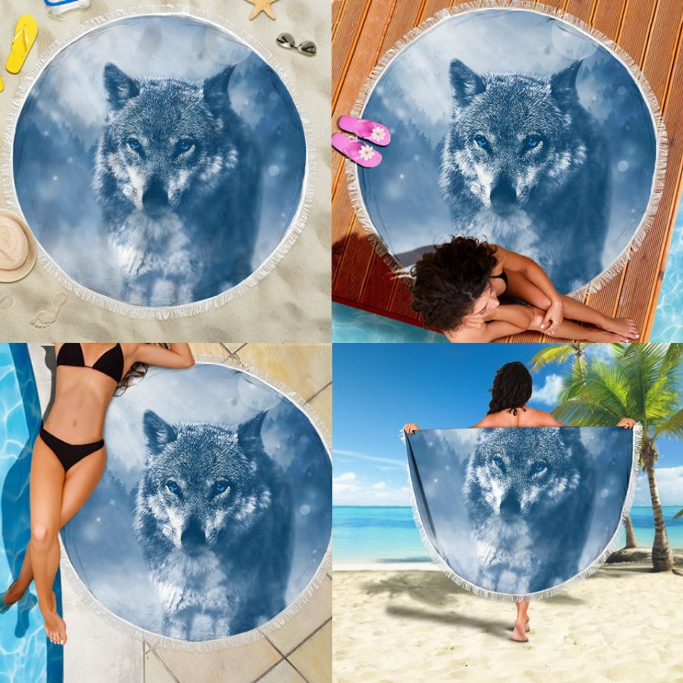 Blue Eyed Wolf Beach Blanket