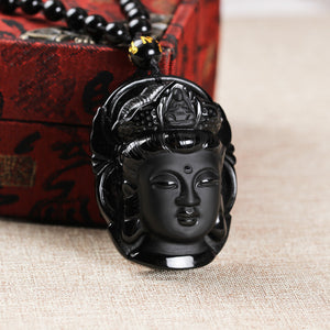 Black Obsidian Guanyin Head Necklace