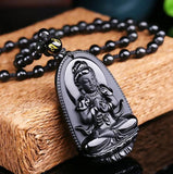 Black Obsidian Carved Buddha Pendant Necklace. 36" Long. - Hilltop Apparel - 1