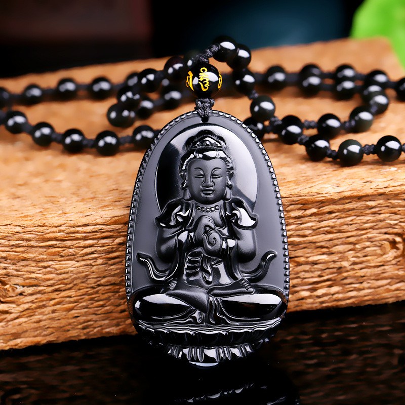 Black Obsidian Carved Buddha Pendant Necklace. 36" Long. - Hilltop Apparel - 2