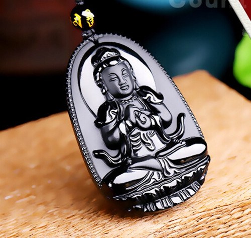 Black Obsidian Carved Buddha Pendant Necklace. 36" Long. - Hilltop Apparel - 5
