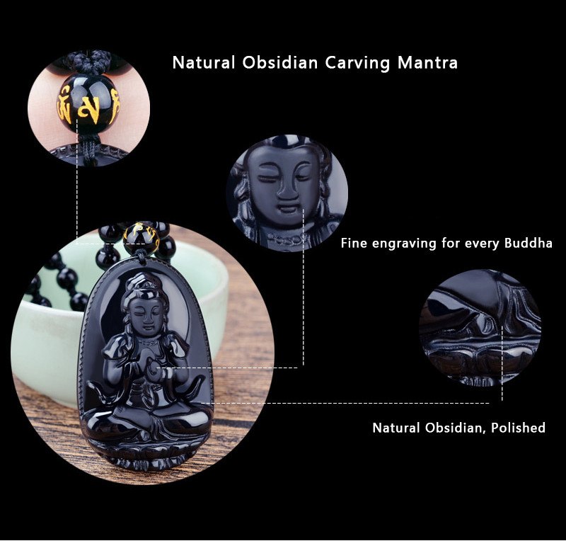 Black Obsidian Carved Buddha Pendant Necklace. - Hilltop Apparel - 3