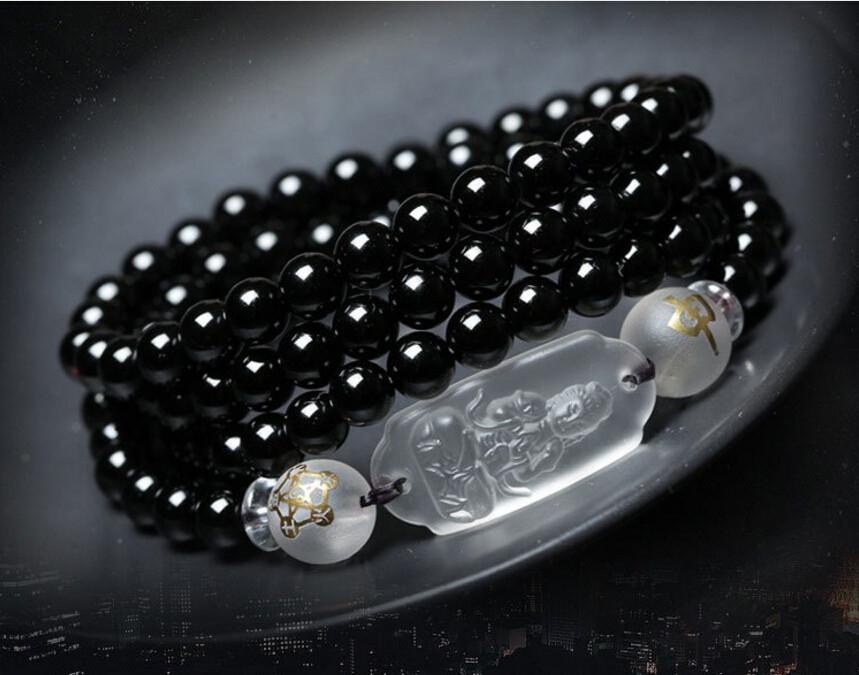 Bracelet - 6MM Black Obsidian Carved Buddha Lucky Amulet Round Beads Bracelet  For Women Men Bracelet Jade Jewelry