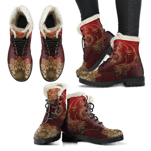 Red Sun And Moon Faux Fur Leather Boots