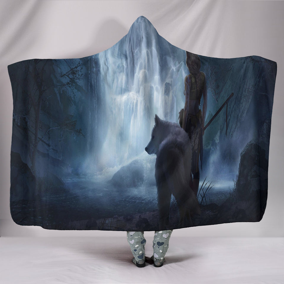 White Wolf Plush Lined Hooded Blanket