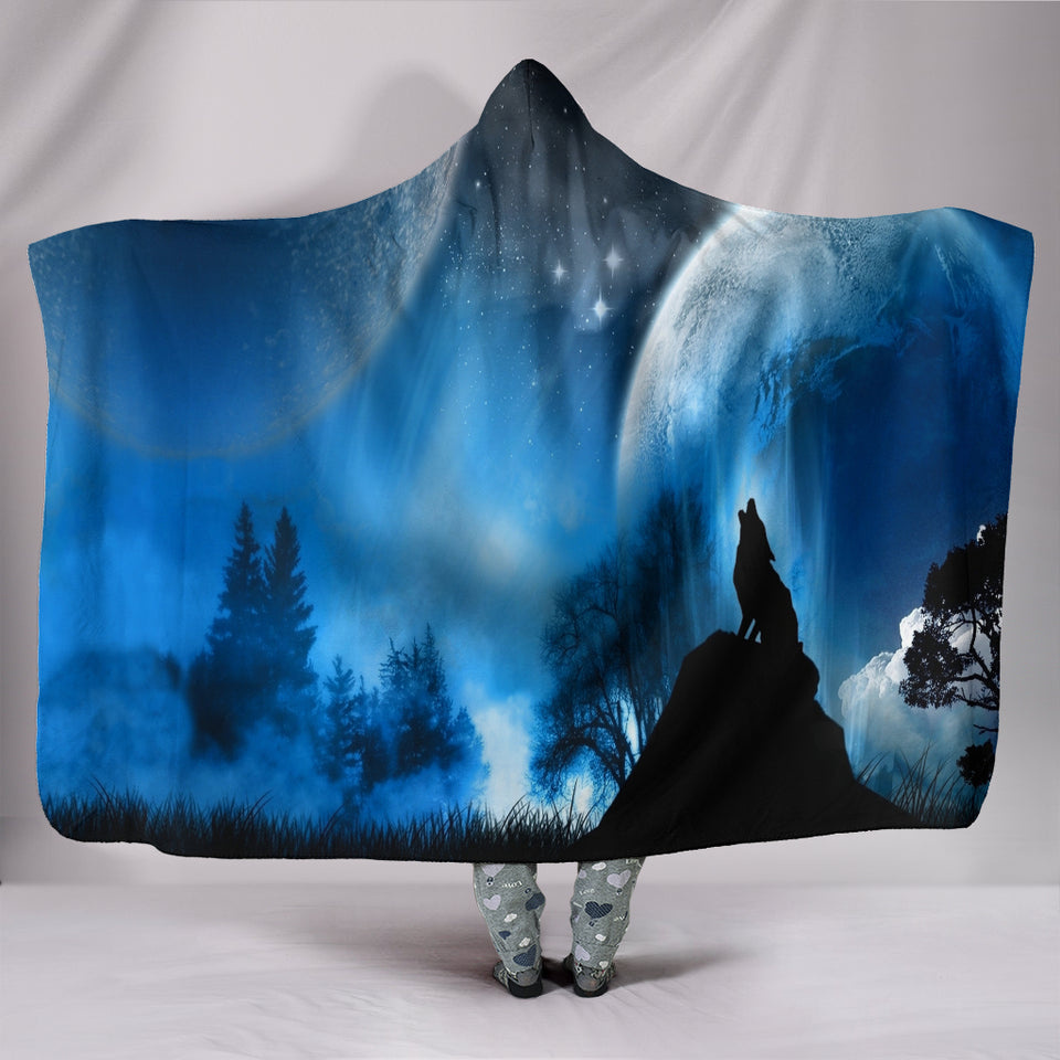 Wolf Blue Moon Plush Lined Wearable Hooded Blanket