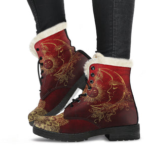 Red Sun And Moon Faux Fur Leather Boots