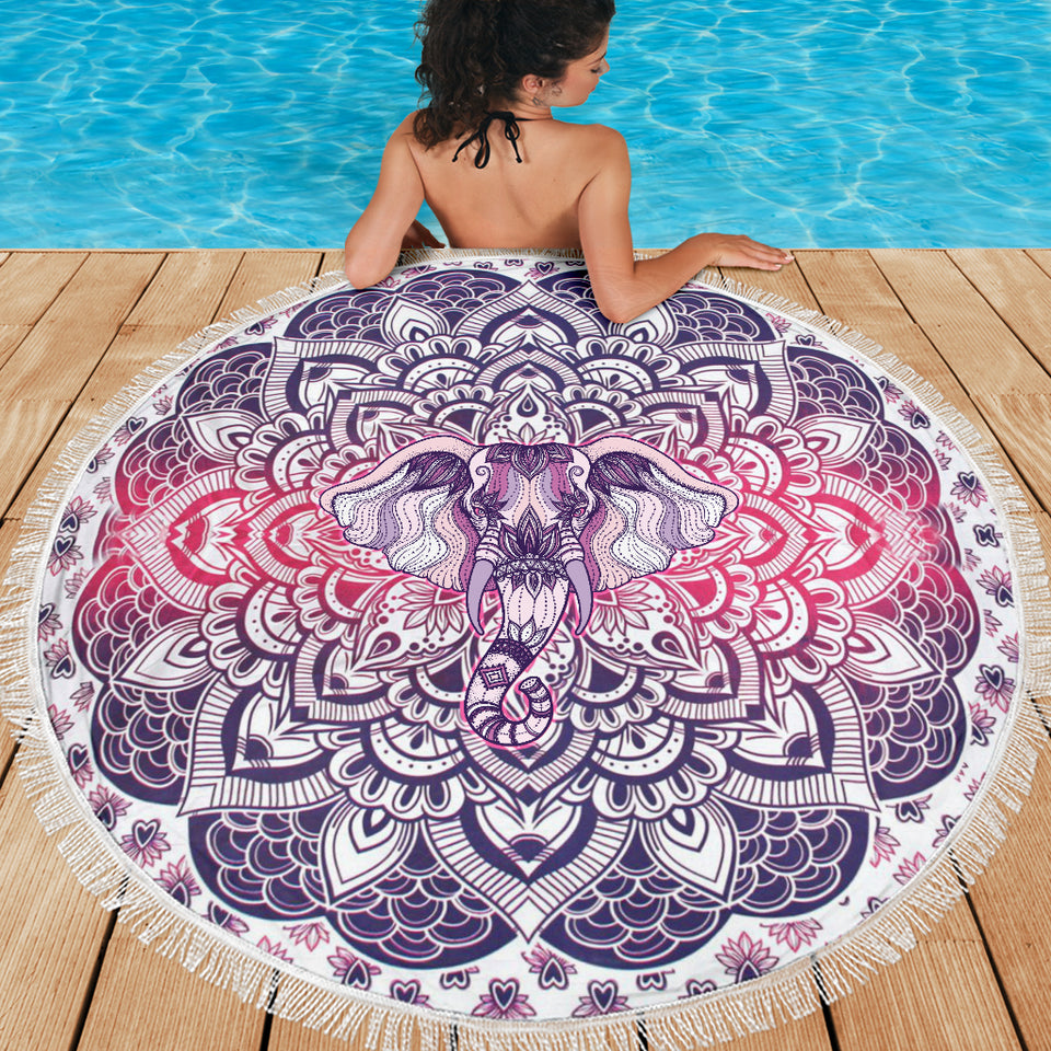 Lucky Purple Elephant Mandala Roundie Beach Blanket