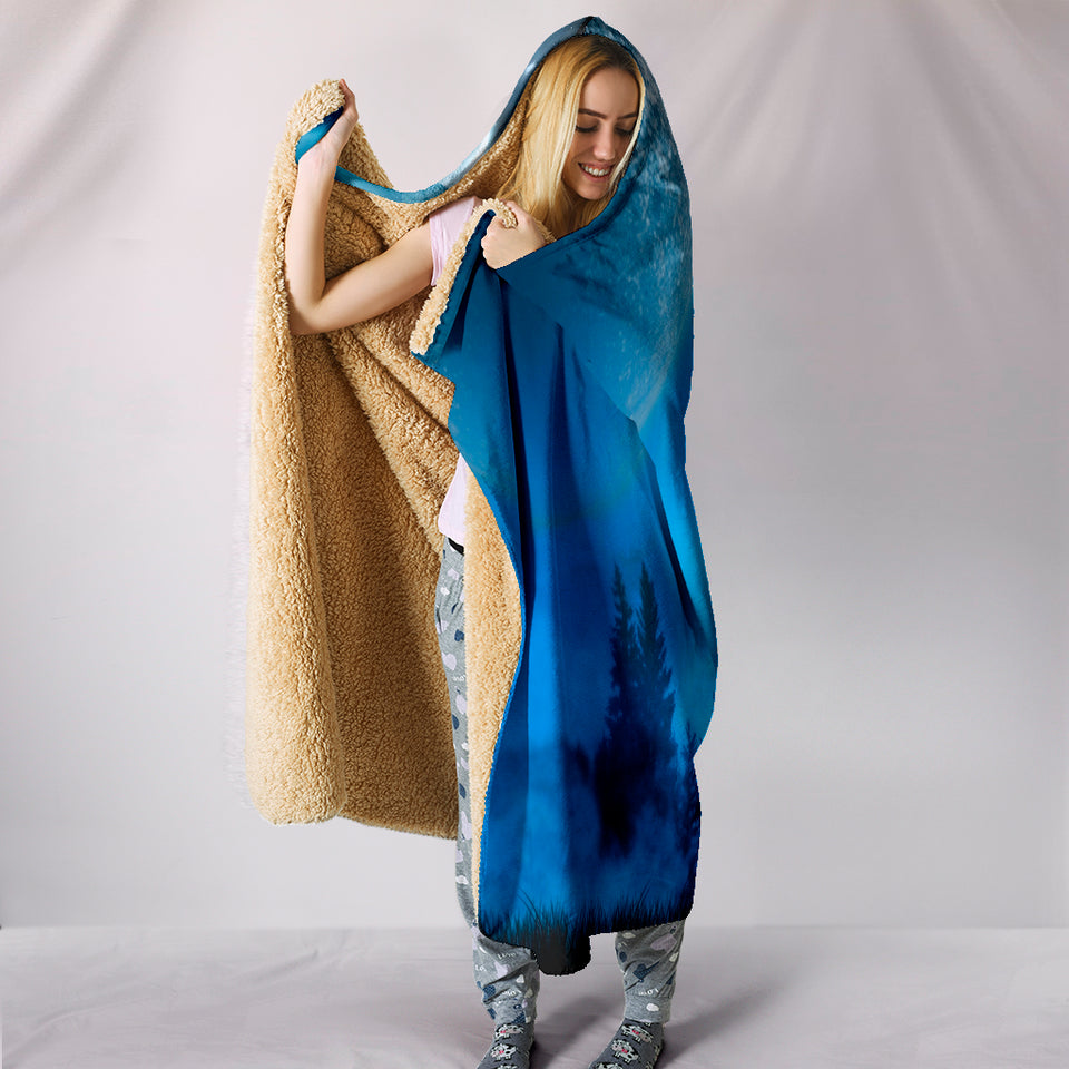 Wolf Blue Moon Plush Lined Wearable Hooded Blanket