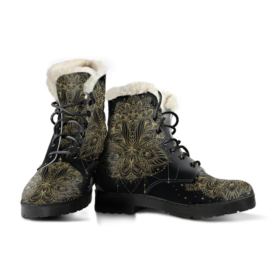 Golden Lotus Faux Fur Leather Boots