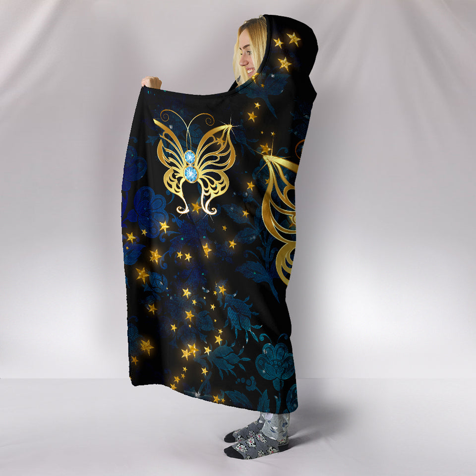 Butterfly on Blue Damask Hooded Blanket