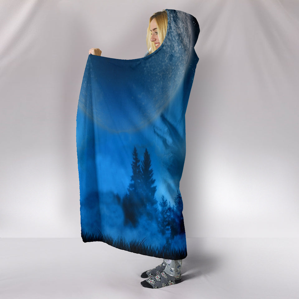 Wolf Blue Moon Plush Lined Wearable Hooded Blanket