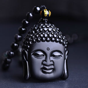 Natural Black Obsidian Buddha Head Pendant Necklace. - Hilltop Apparel - 1