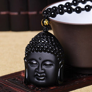 Natural Black Obsidian Buddha Head Pendant Necklace. - Hilltop Apparel - 3