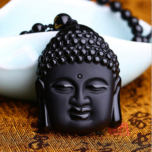 Natural Black Obsidian Buddha Head Pendant Necklace. - Hilltop Apparel - 3