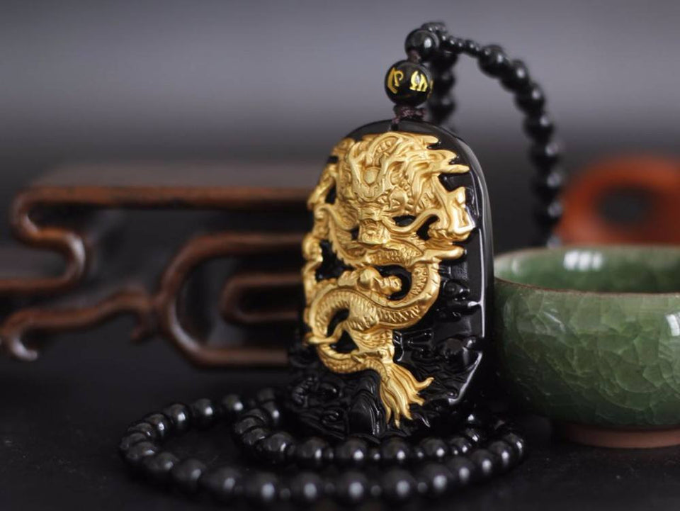 Necklace - 18K Gold Plated Black Obsidian Dragon Necklace