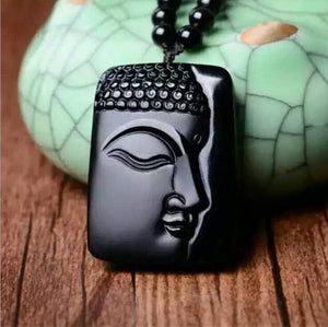 Necklace - Black Obsidian Buddha Face Necklace