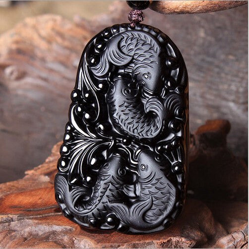 Necklace - Black Obsidian Fish Pendant Necklace