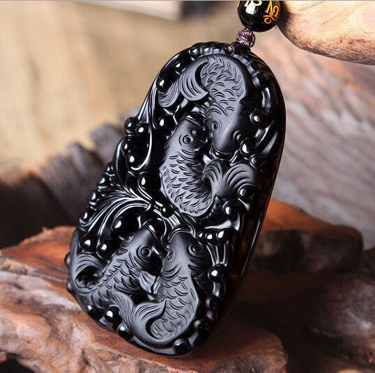 Necklace - Black Obsidian Fish Pendant Necklace