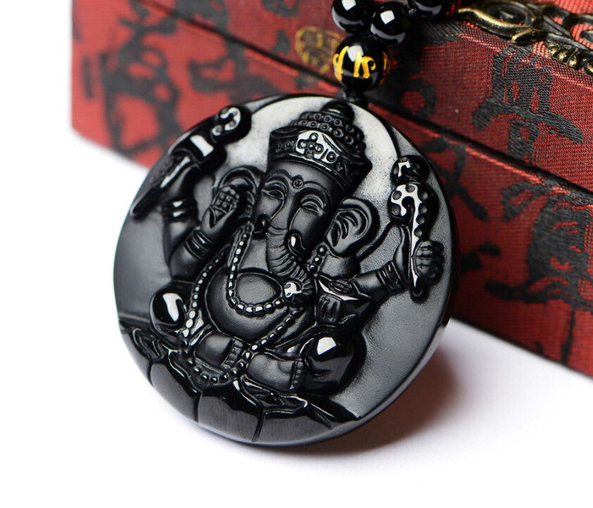 Necklace - Black Obsidian Ganesh Elephant Necklace