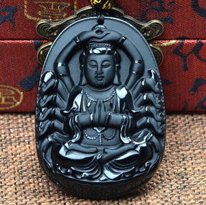 Necklace - Black Obsidian Guan Yin Buddha Necklace