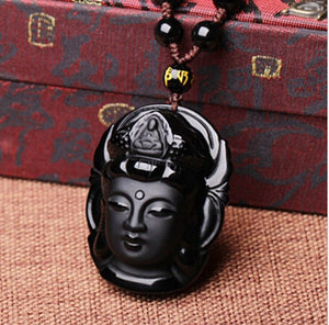 Necklace - Black Obsidian Guanyin Head Necklace