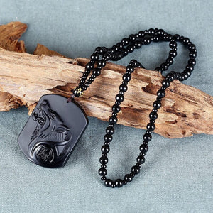 Necklace - Black Obsidian Wolf Head Necklace