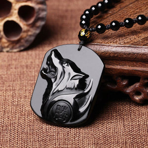 Necklace - Black Obsidian Wolf Head Necklace