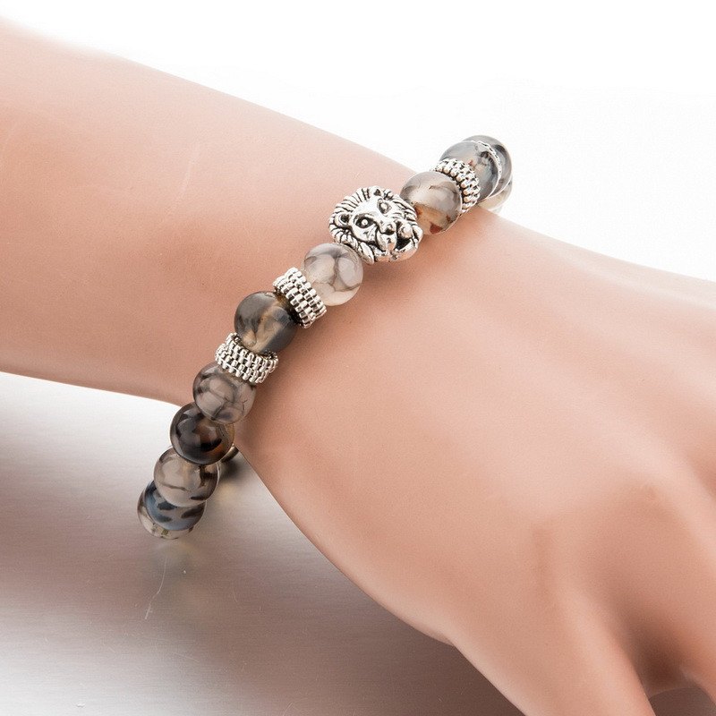 Silver Plated Lion Head & Agate Beads Bracelet - Hilltop Apparel - 2