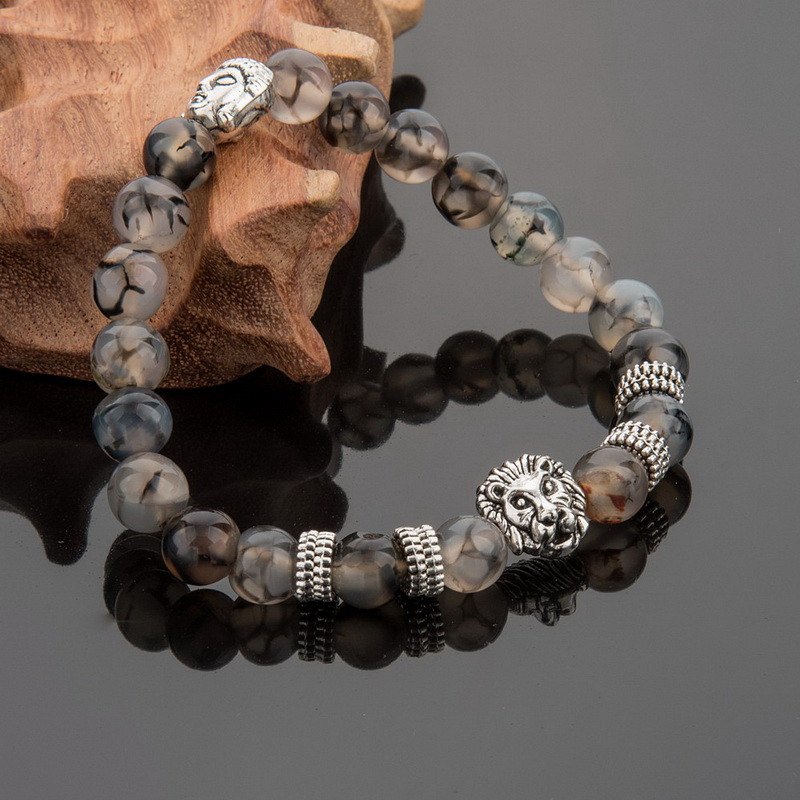 Silver Plated Lion Head & Agate Beads Bracelet - Hilltop Apparel - 3