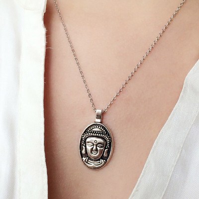 Silver Plated Buddha Head Pendant Necklace - Hilltop Apparel - 3